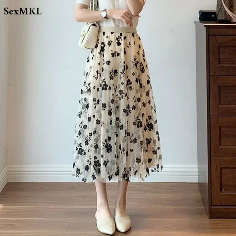 Elegant A Line Tulle Skirts Women 2026 Fashion High Waist Casual Faldas Largas Korean Floral Printed Black pleated Long Skirt