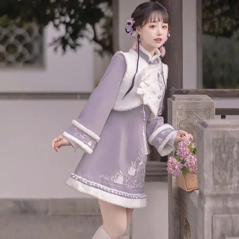 

[Purple Cloud Rabbit]Winter Chinese Element Improved Cheongsam Lolita Mini Vest Dress Set Hanfu Soft Lolita Clothing