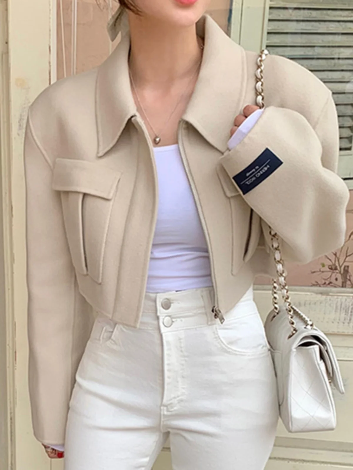 

Chic Autumn Winter Woolen Jaet Women's Zipper Long Sve Turn-down Collar Loose Fit Pure Color ort Coat Versatile Outerwear
