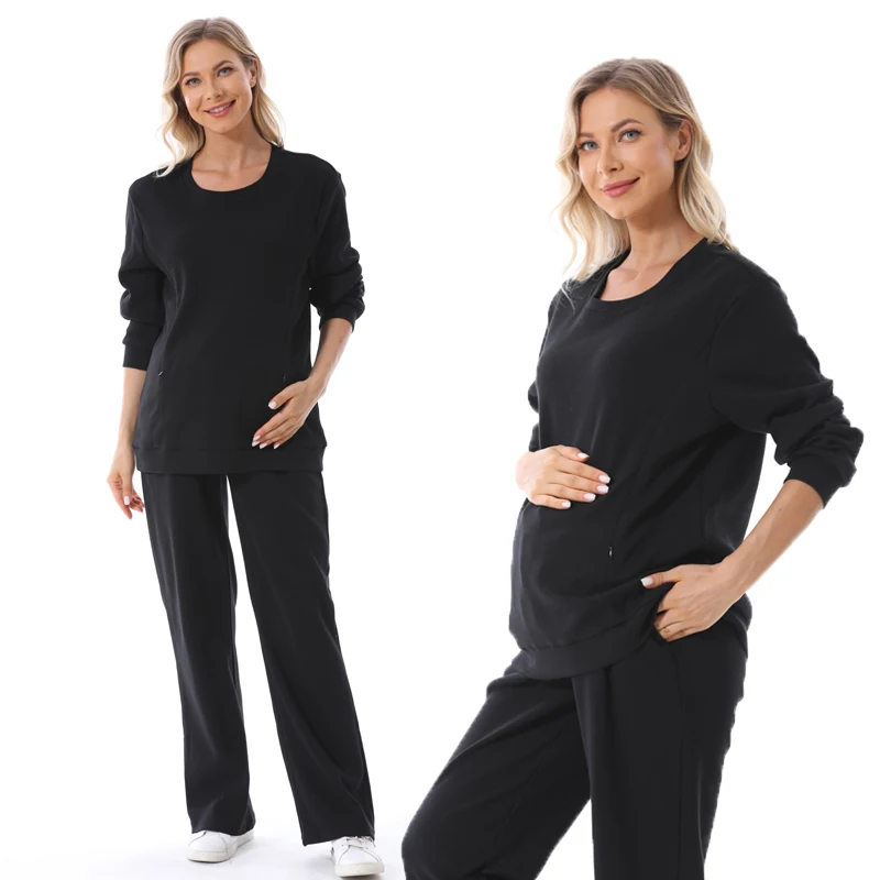 Large Size Maternity Clothes Winter Lounge Wear Set Warm Cotton Waffle Breastfeeding Sweater and Long Trousers Pregnancy Clothes