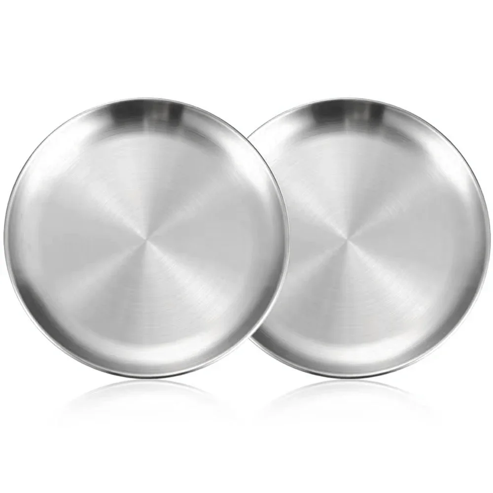 2Pcs Stainless Steel Metal Dining Disc Round Bone Spitting Dish High Quality Shallow Tray Silver Fruit Meat Tableware
