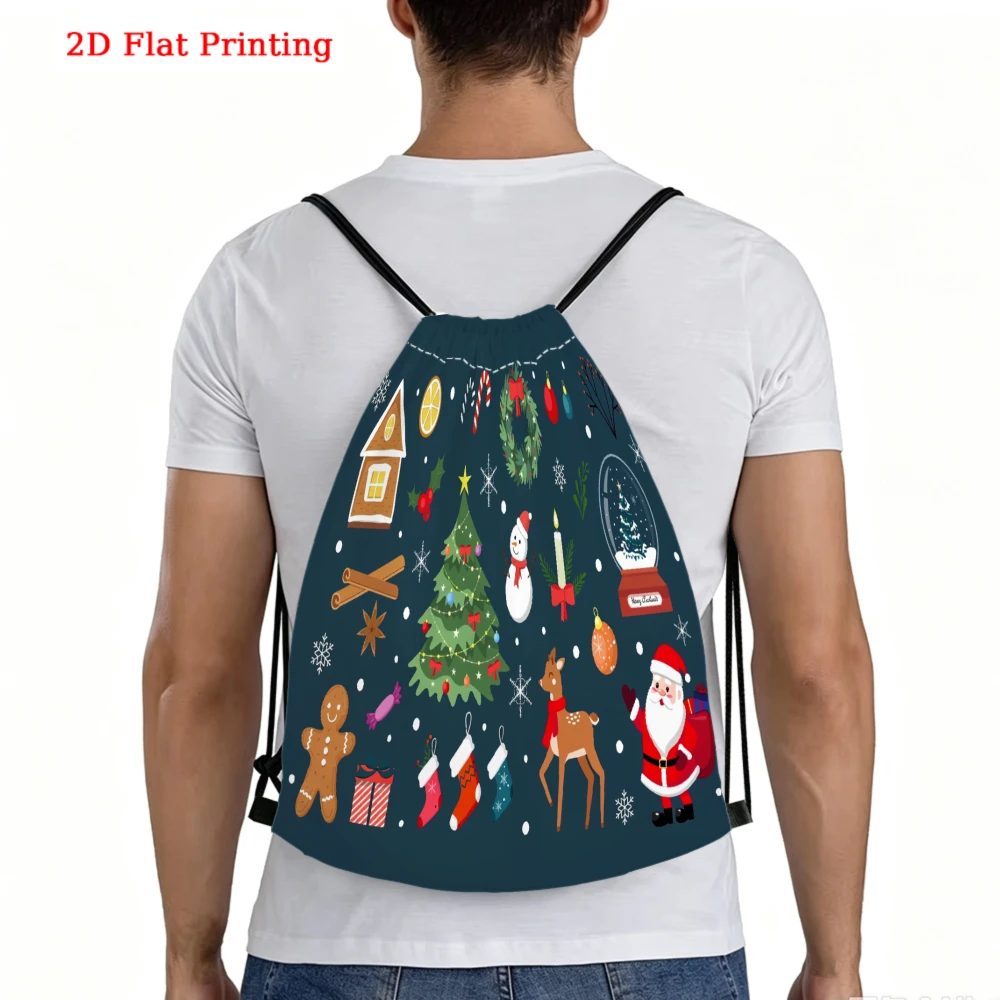 Christmas Theme, Drawstring Backpack, 2D Flat Printing Festive Pattern, Gym Sports Bag, Outdoor Travel Cinch Sack
