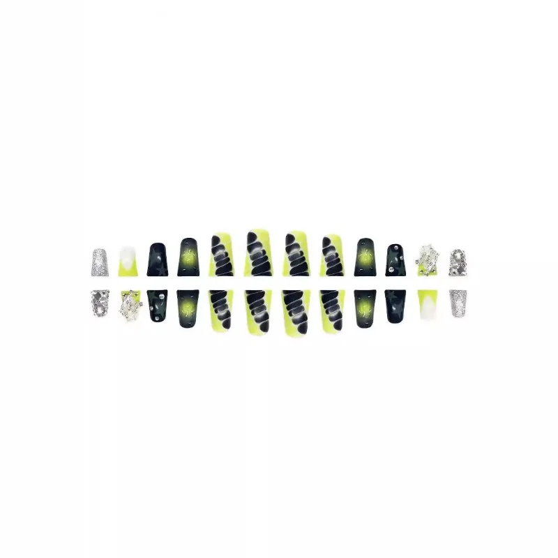 24PCS Sweet Cool Duckbill Press on False Nails Green Gradient French Fake Nails for Women 3D Star Diamonds Duck Flare Detachable