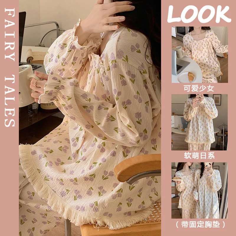 Spring Autumn Women's Print Painting Princess  Nightwear Long-sleeved Wrinkled Chest Pad Winter Sweet Cotton Home Wear