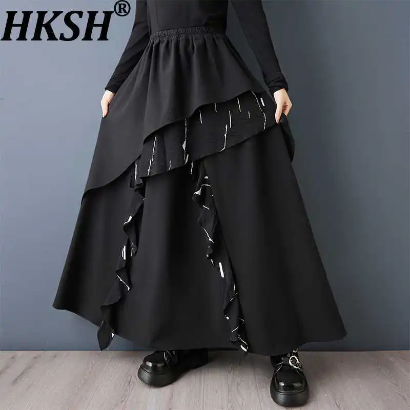 

HKSH Spring Autumn New Women Skirt Asymmetric Ruffled Color Block Elastic Waisted Versatile A-line Elegant Casual Skirts HK17916