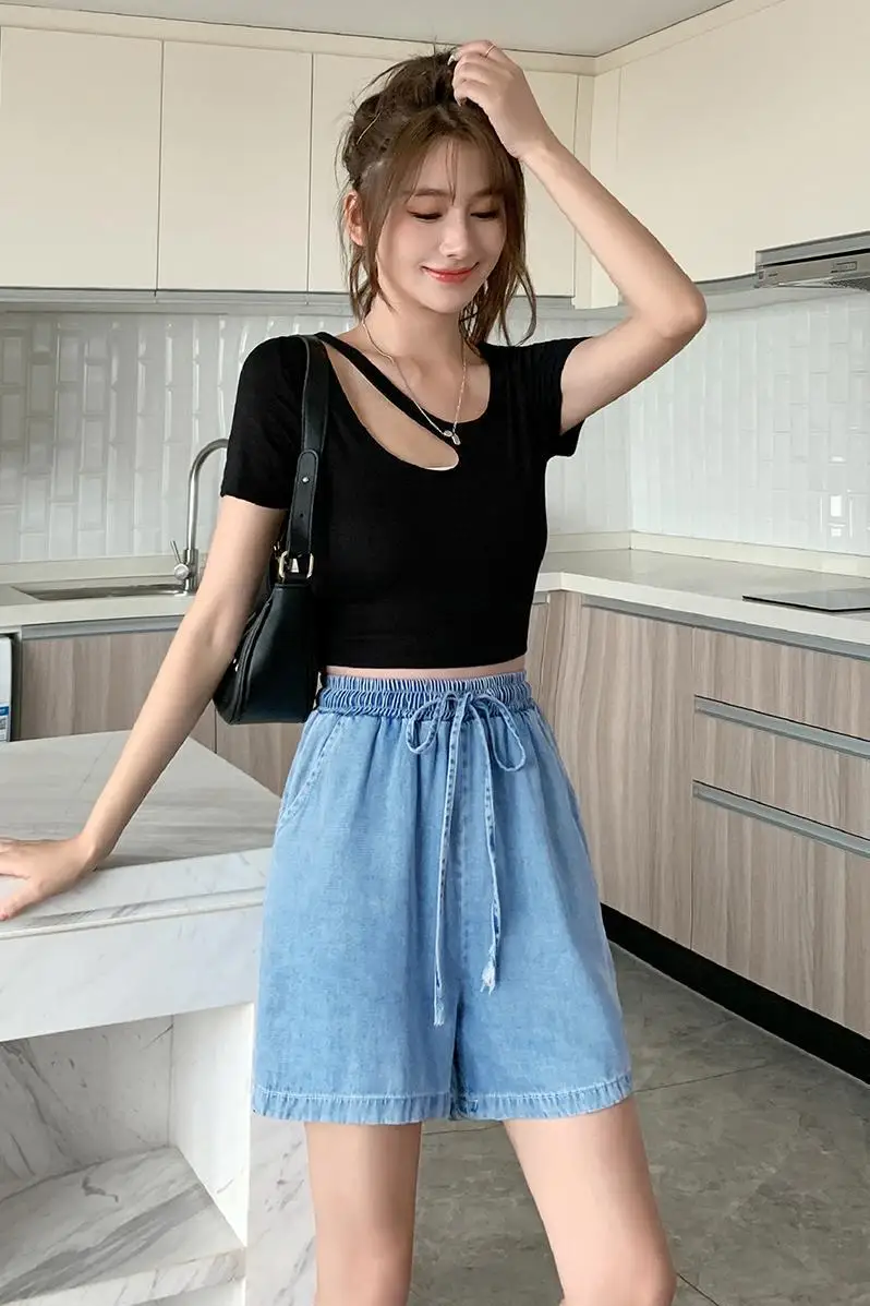 Academy Fengtian Silk Capris Women's Summer Thin Elastic Loose Wide Leg Denim Shorts