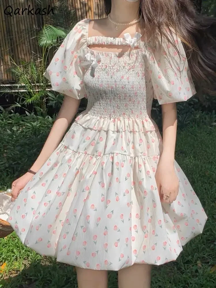 Kawaii Floral Dress Women Sweet High Waist Summer Puff Sleeve French A-line Princess Vestidos Casual Clothes Vintage Aesthetics