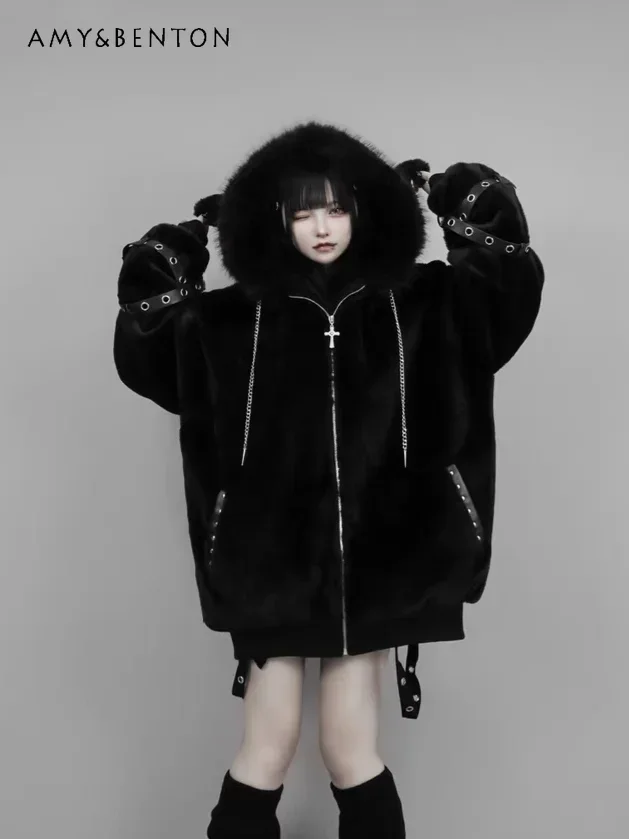 

Harajuku Mine Series Sweet Cool Plush Coat Women Autumn Winter Subculture Punk Cute Lamb Ears Hooded Thickened Oversized Coat