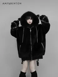 Harajuku Mine Series Sweet Cool Plush Coat Women Autumn Winter Subculture Punk Cute Lamb Ears Hooded Thickened Oversized Coat