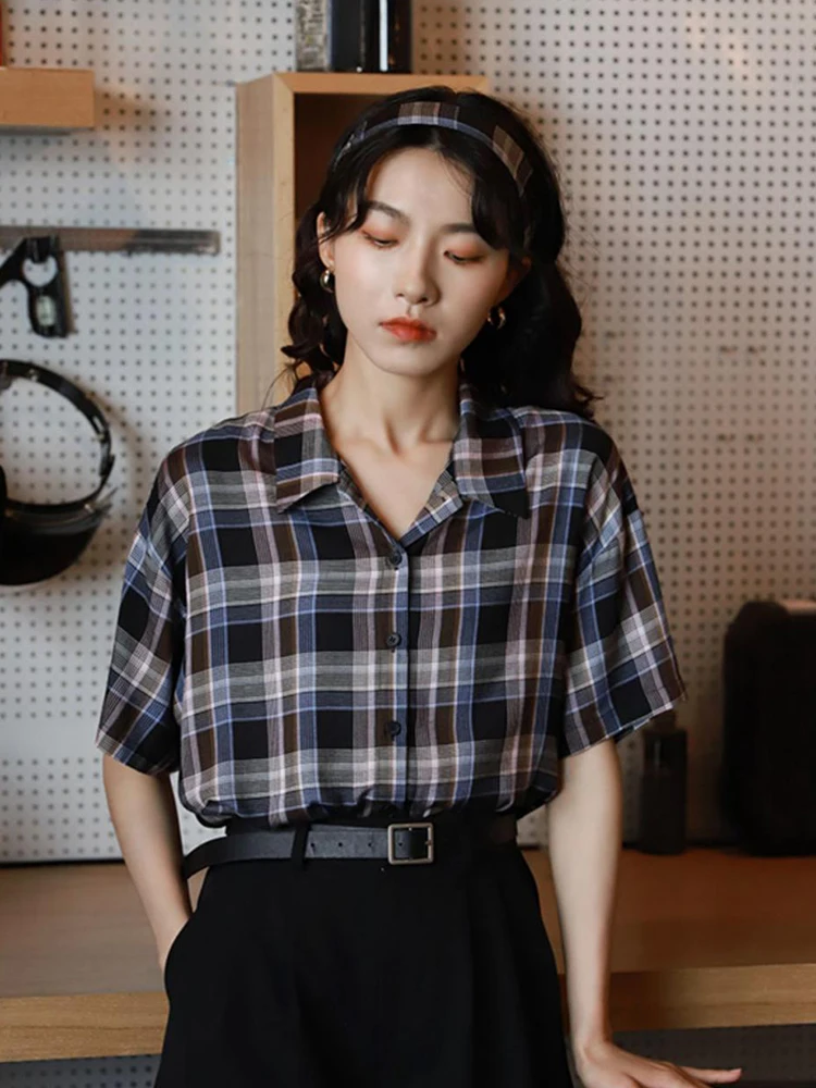 Zoki فضفاض ريترو منقوشة قميص المرأة قصيرة الأكمام بلوزة عادية خمر الصيف كل مباراة اليابان نمط Preppy واحدة الصدر القمم #5