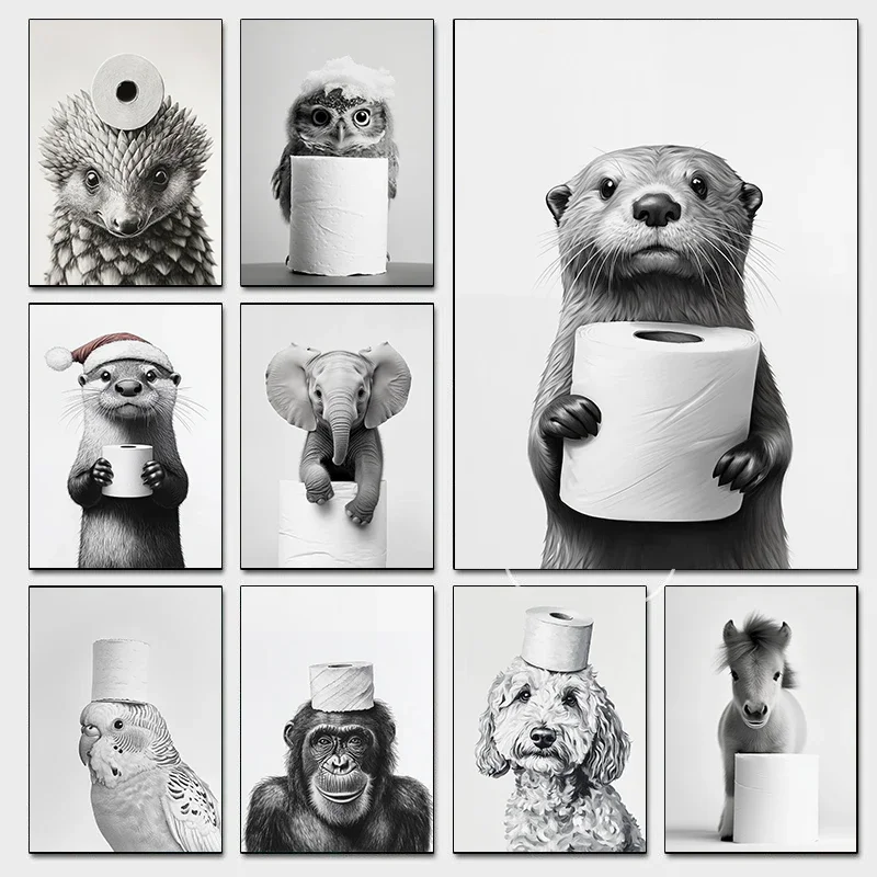 2026 Black and White Animal Bathroom Poster Owl Christmas Countdown Otter Prints Canvas Painting Wall Art Picture Home Bathroom 