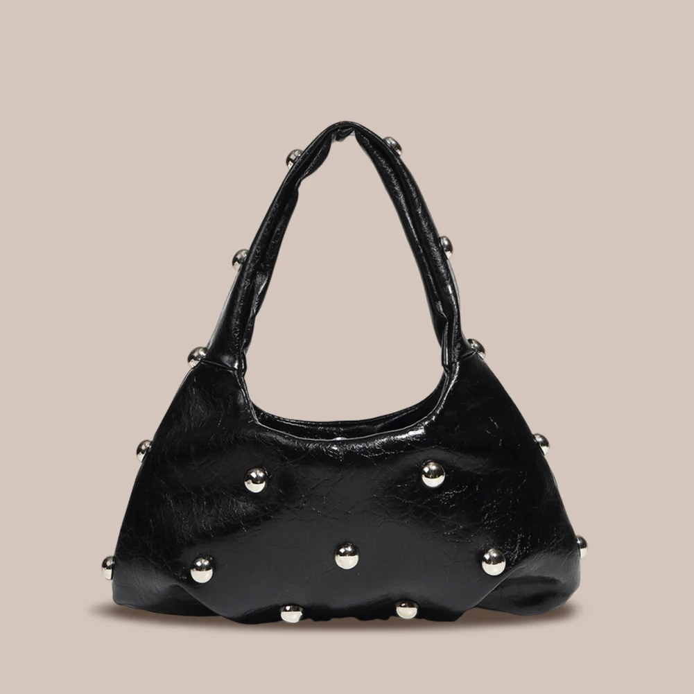 Half Moon Handbag for Women Luxury Studded Beading Tote Purse PU Chic Hobo Bag Cool Style Small Shoulder Bag Hasp Closure Bolsas