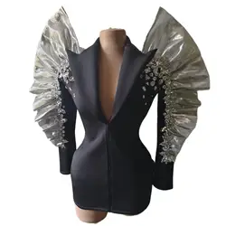 Women Black Blazer Design Sparkly Rhinestone Performance Dress Singer DJ DS Night Club Bar Stage Wear Drag Queen Costume Feiji