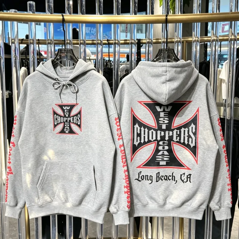 American Retro Grey West Coast Choppers Hoodie Red Border Cross Arm Sanskrit Print Men Women Street  Drawstring Hood Sweatshirt