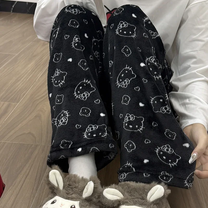 Christmas Cartoon Hello Kitty Flannel Sleepwear Autumn&winter New Style Coral Fleece Thickened and Plush Warm Casual Home Pants