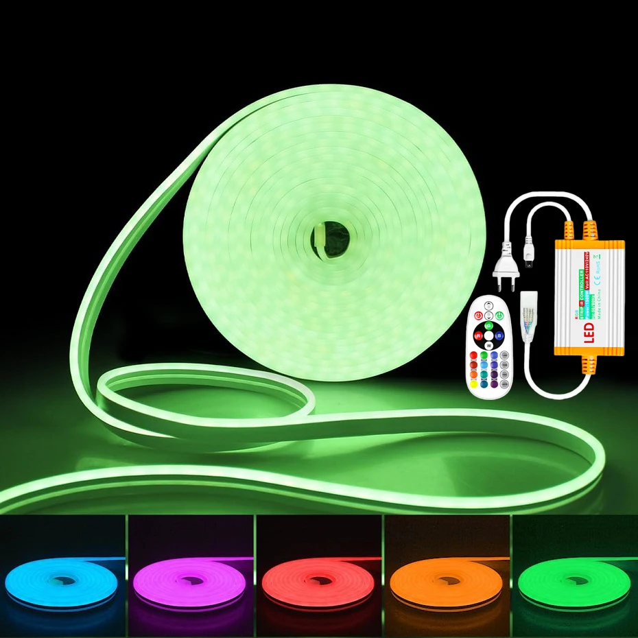 Waterproof 220V RGB Neon Strip Light 1500W EU Power Remote Control LED Lights Tape Dimmable Flexible Ribbon For Home Decoration