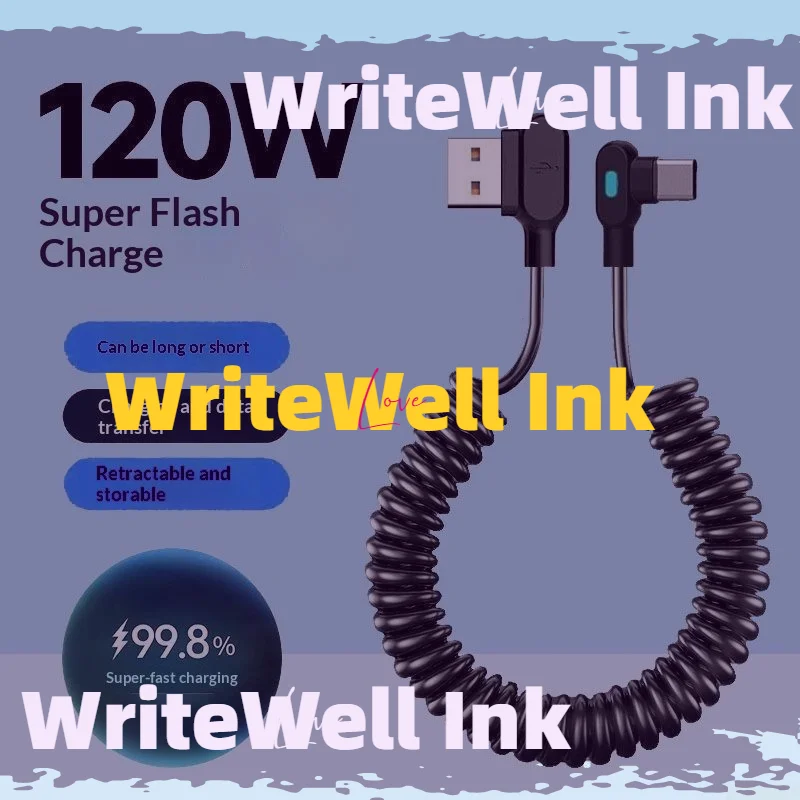 120W Retractable Coiled USB Type C Cables 6A Quick Charging Data Cord 90 Degree Elbow Spring Type-C Car Cable