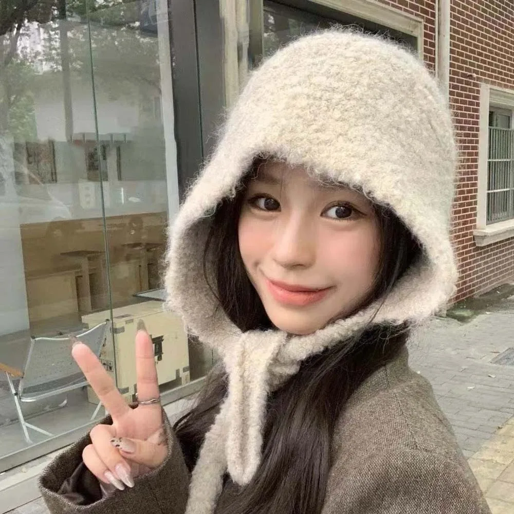 Acrylic Fibers Knitted Hooded Cap Soft Double Side Neck Collar Beanies Cap Solid Color Triangular Winter Neckerchief Hat Work