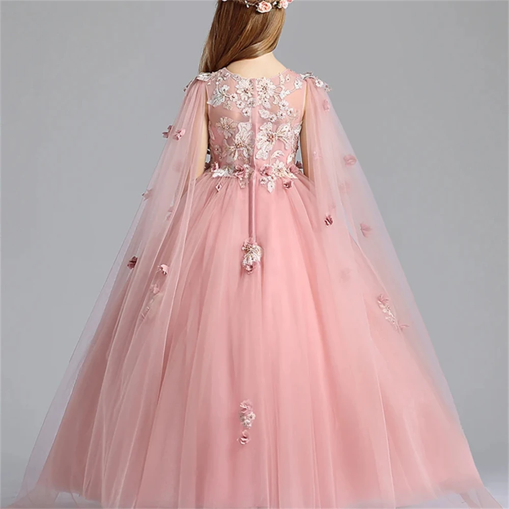 

Customized Pink Flower Girl Dress for Wedding Appliques High Waist Floor Length Elegant Kids Birthday First Communion Gown