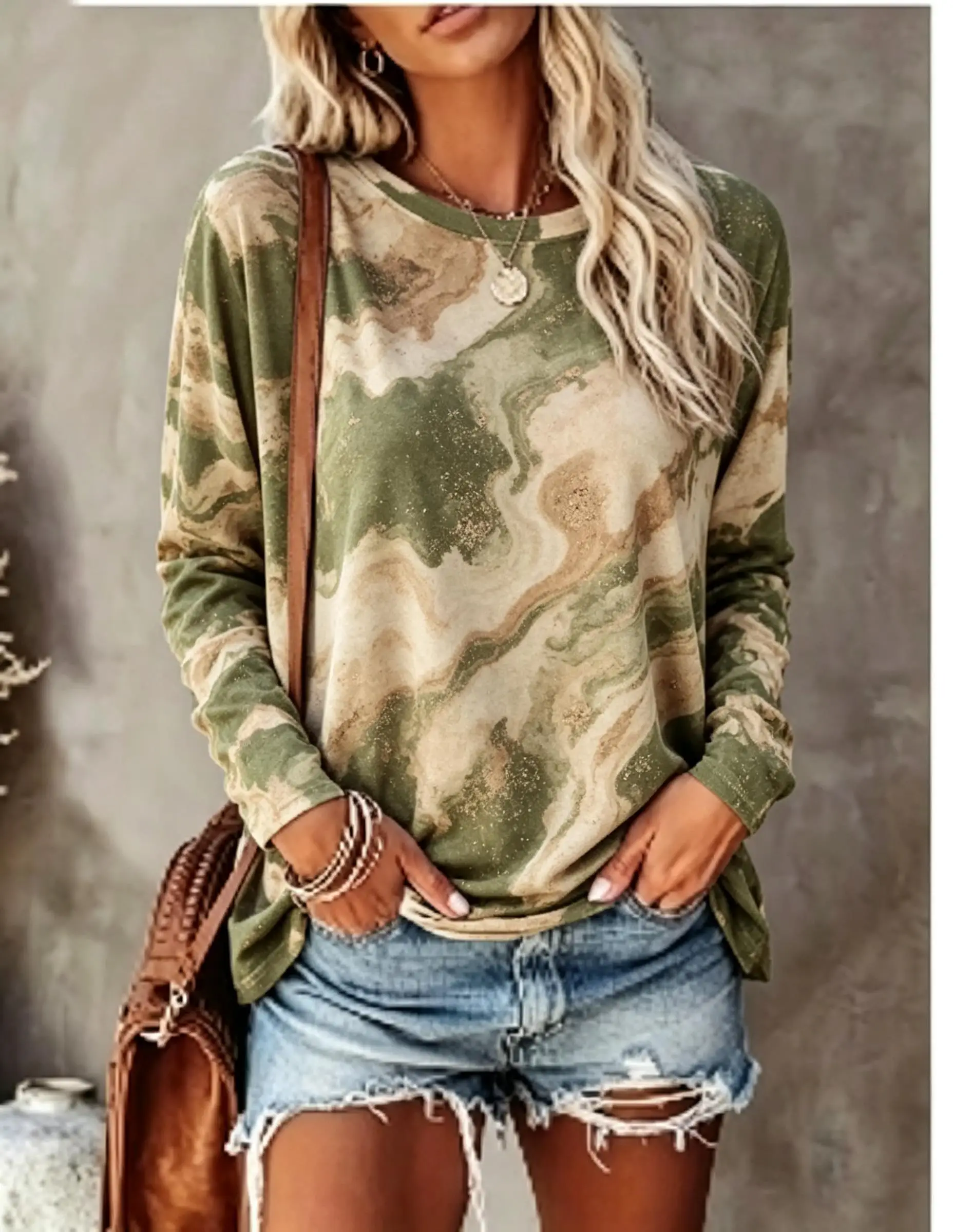 Women Long Sleeve T Shirt Autumn Swirl Marble Tie Dye Gradient Print Crew Neck Casual Fall Tops - view 2