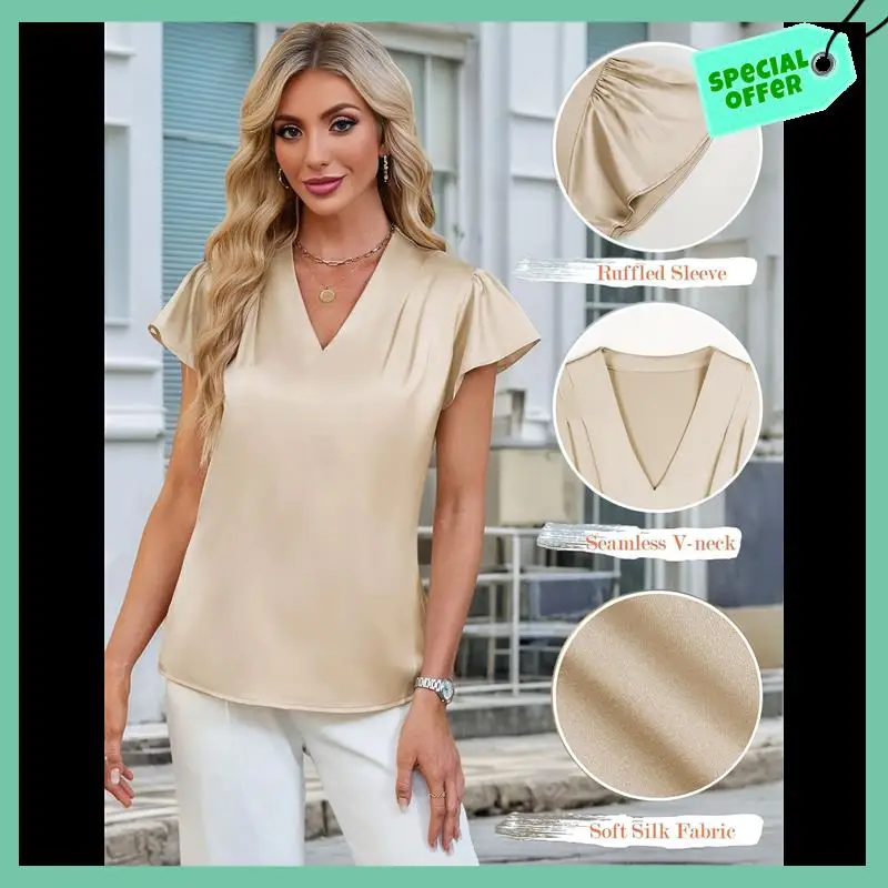

Sturdy Womens Silk Dressy Casual Business Blouse Ruffle Sleeve Tops Summer V Neck Pleated Work Shirts