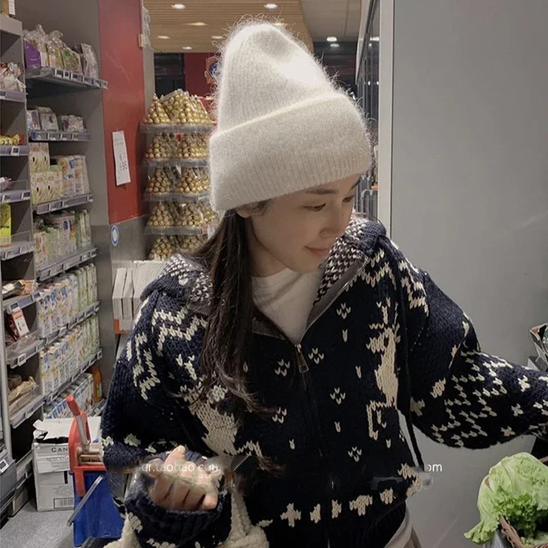 2024 رقيق الأنجورا قبعة الأرنب الفراء قبعة الشتاء الدافئة للمرأة الكشمير الصوف لينة بيني الأزرق محبوك قبعة التزلج في الهواء الطلق الإناث #2