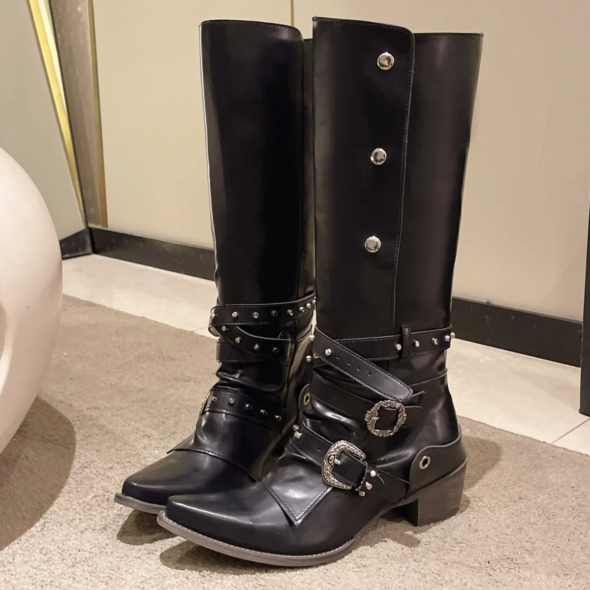 

Women Metal Doctor Thick Heeled Black Boots Autumn Pointed Toe Pu Leather Mid Calf Boots Woman Motorcycle Boots Big Size