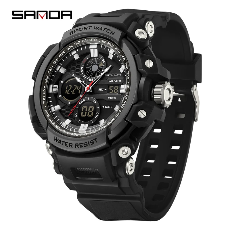 SANDA 3390 Sport Digital Watch 50M Waterproof Dual Display Wristwatches Relogio Masculino Watch Men Military Watches for Man