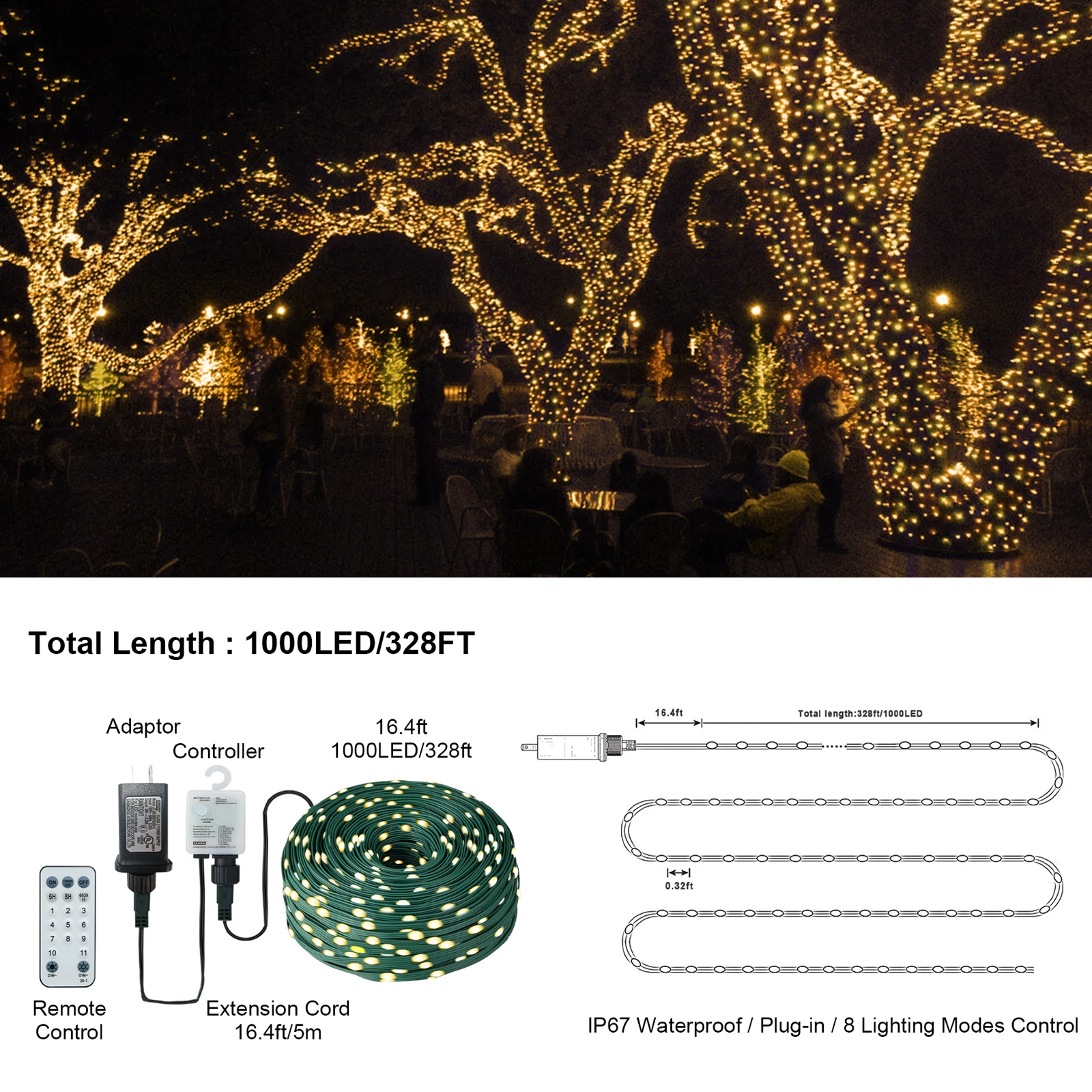 Luzes de corda de natal, 1000led/328 pés, corda decorativa externa estroboscópica com 8 modos/controle remoto/ip67 à prova d'água/temporizador/função de memória f