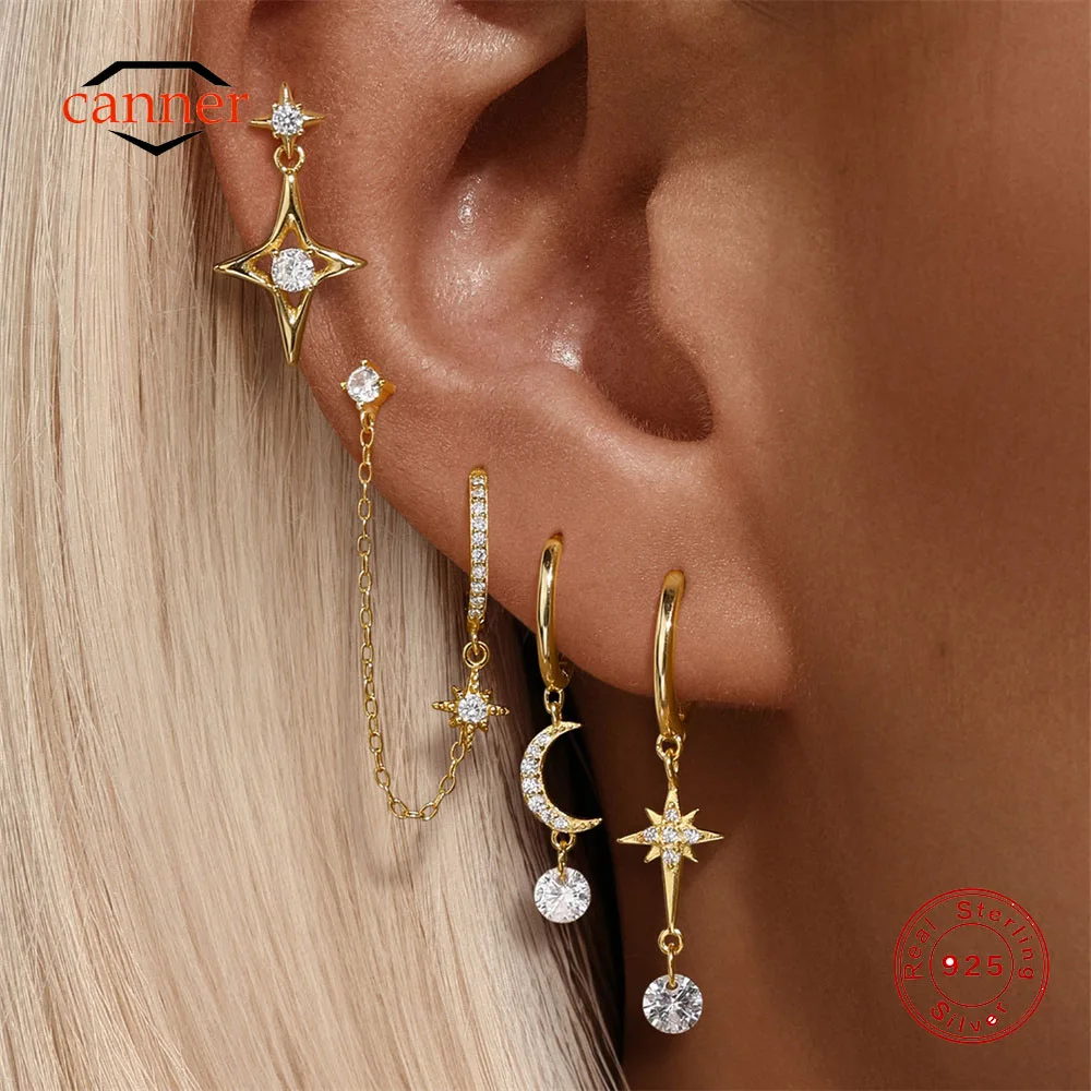 

CANNER Octagonal Star Zircon 925 Sterling Silver Drop Earrings For Women Ins Minimalism Tassel Moon Earrings Fine Jewelry Gift