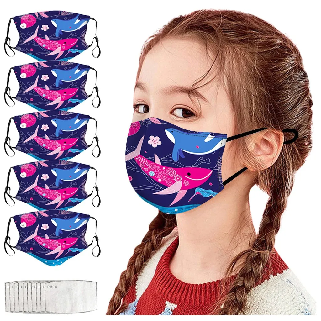 5Pc Masker + 10Pc Filter Kinderen Cartoon Zeevis Print Buiten Beschermend Herbruikbaar Masker Kindvriendelijk Ademend Comfort Masker