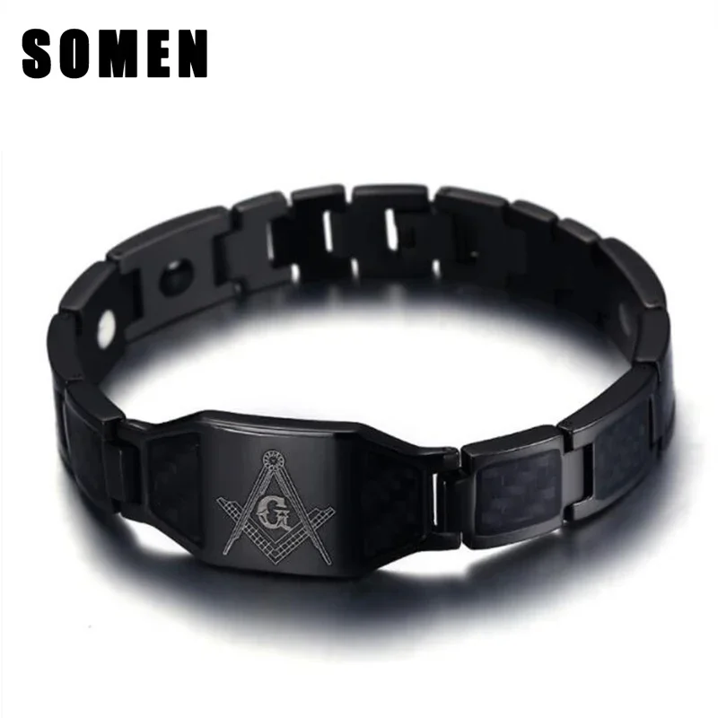 21.5cm Black Masonic Stainless Steel Bracelet with Magnets Carbon Fiber For Men Hip Hop Style Polished Bracelets Chain Jewelry