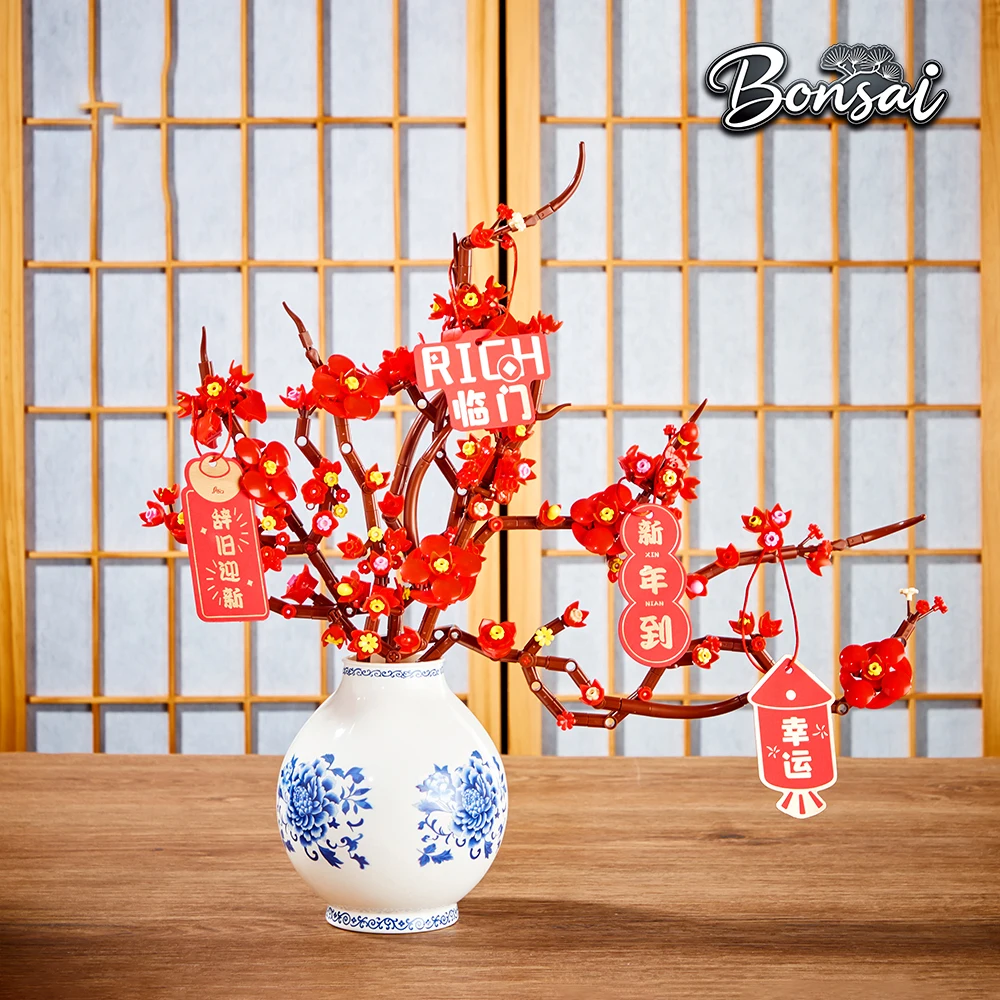 1181 pezzi fiore di pruno e vaso di fiori di agrifoglio decorazioni per la casa ornamento creativo blocchi di costruzione modello di fiore regalo di assemblaggio per ragazze