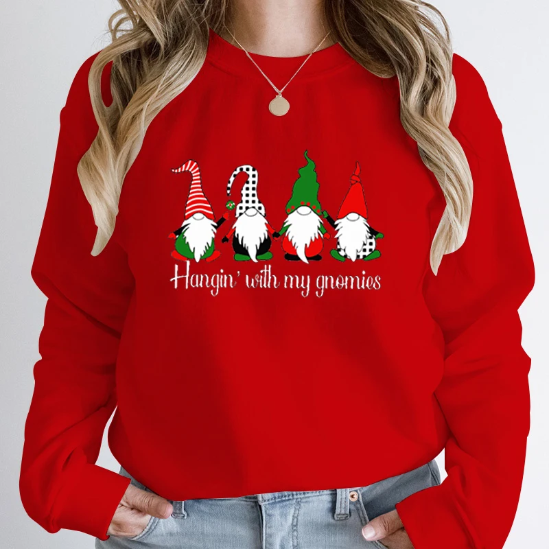 Christmas Hangin\' With My Gnomies Print Pullover Autumn Winter Creative Christmas Tops Ladies Casual Sweatshirts O Neck Pullover