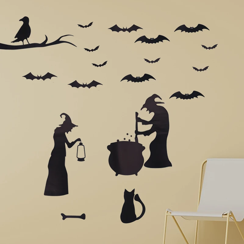 

4Pcs Halloween Door Window Glass Decals PVC Black Witch Bat Spider Wall Sticker Halloween Party Decor DIY Wall Window Decoration