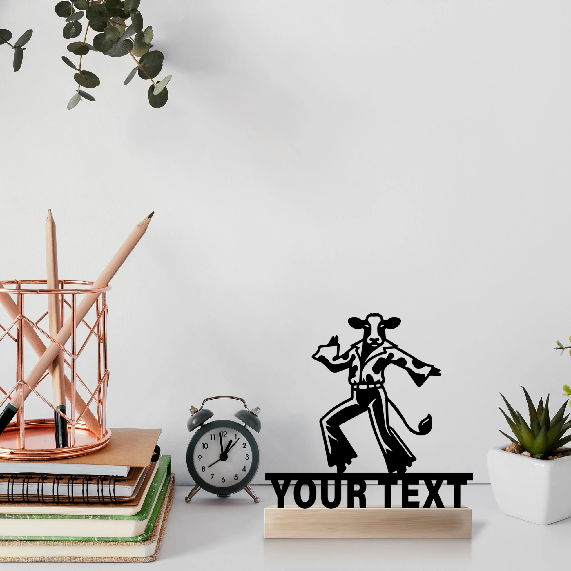 

1pc Simple Jumping cows Customizable Text Metal Statue Iron Ornament Iron Sculpture Art Figurine With Wood Base Bedroom Table