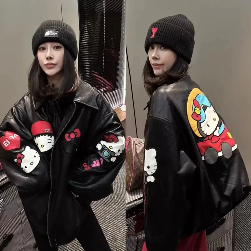 

2026 Autumn and Winter Loose Fashion Cartoon HelloKitty Embroidery Color Matching Black Leather Jacket Women