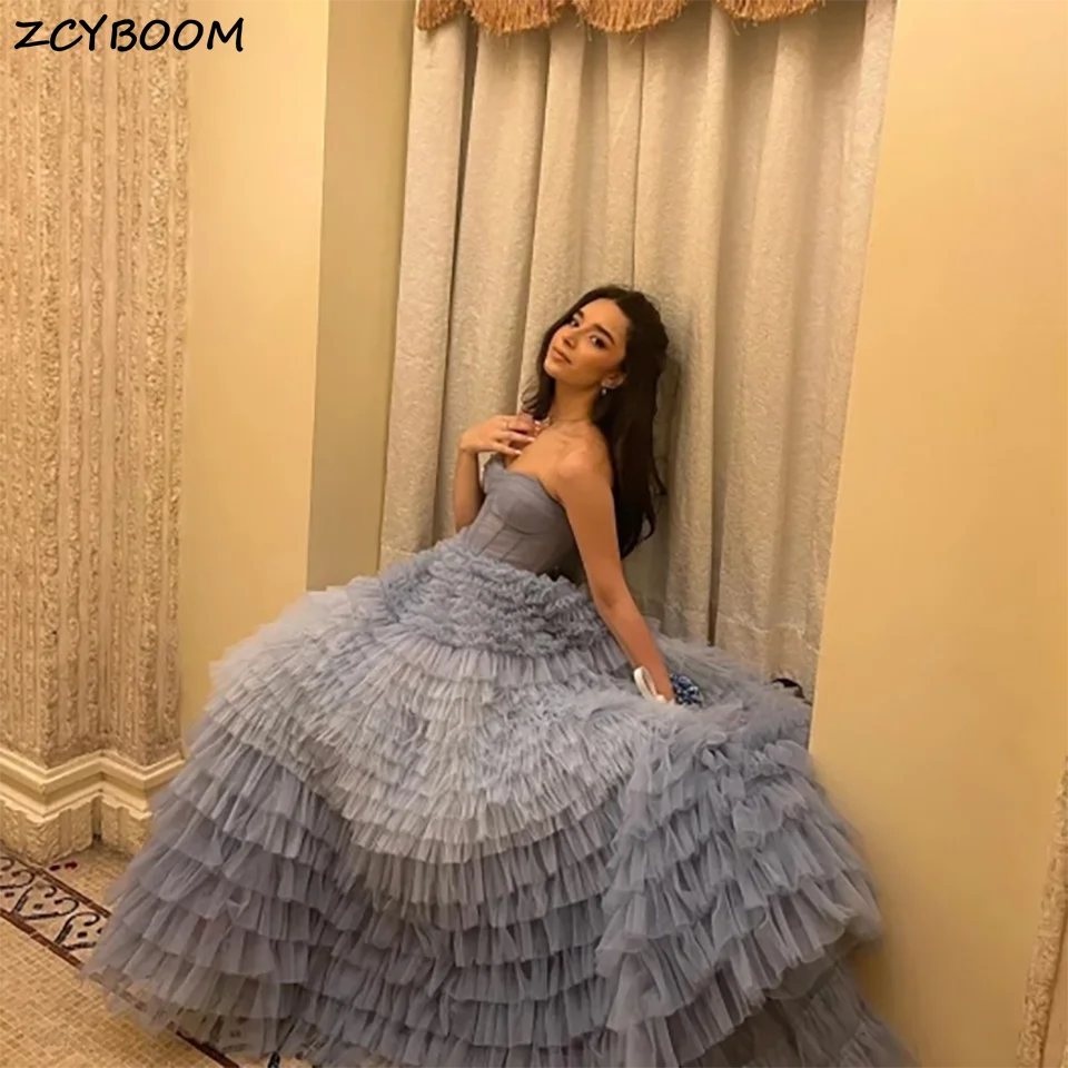 Customized Charming Sweet Dusty Blue Strapless Multi-layered Ruffles Evening Wedding Dress 2024 Floor Length Formal Bridal Gowns