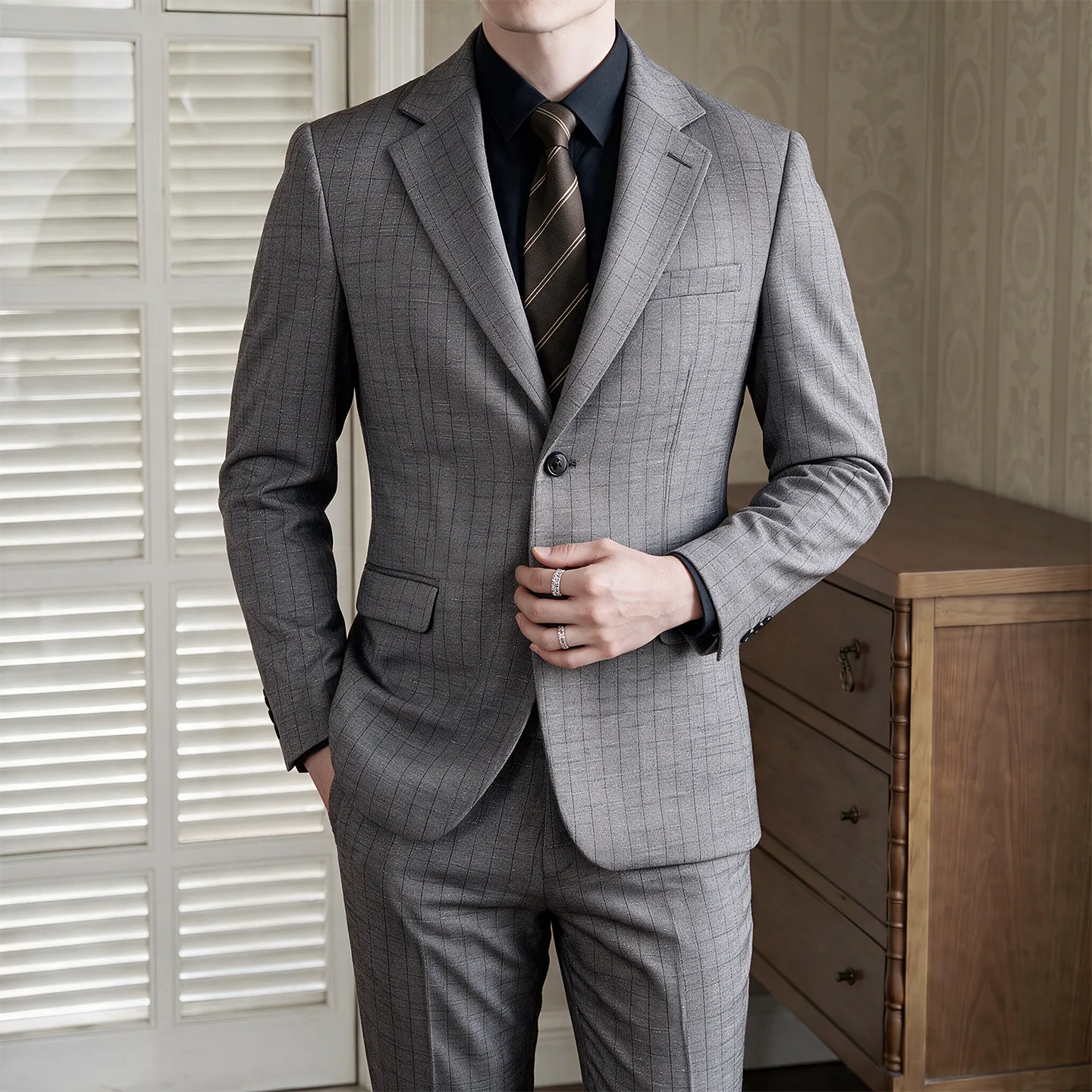 High-Quality Men's Wedding Linen Silver Thread Suit Texture Stripe Vintage Two-Piece Suit Set for Matures Fashionable Groom