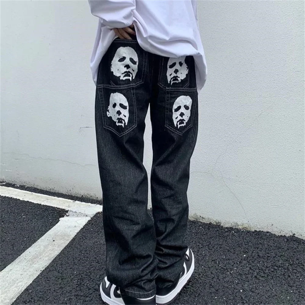 2022 Bat Print Streetwear Men Hip Hop Baggy Jeans Pants Y2K Clothes Straight Loose Goth Denim Trousers Pantalones Vaqueros jeans