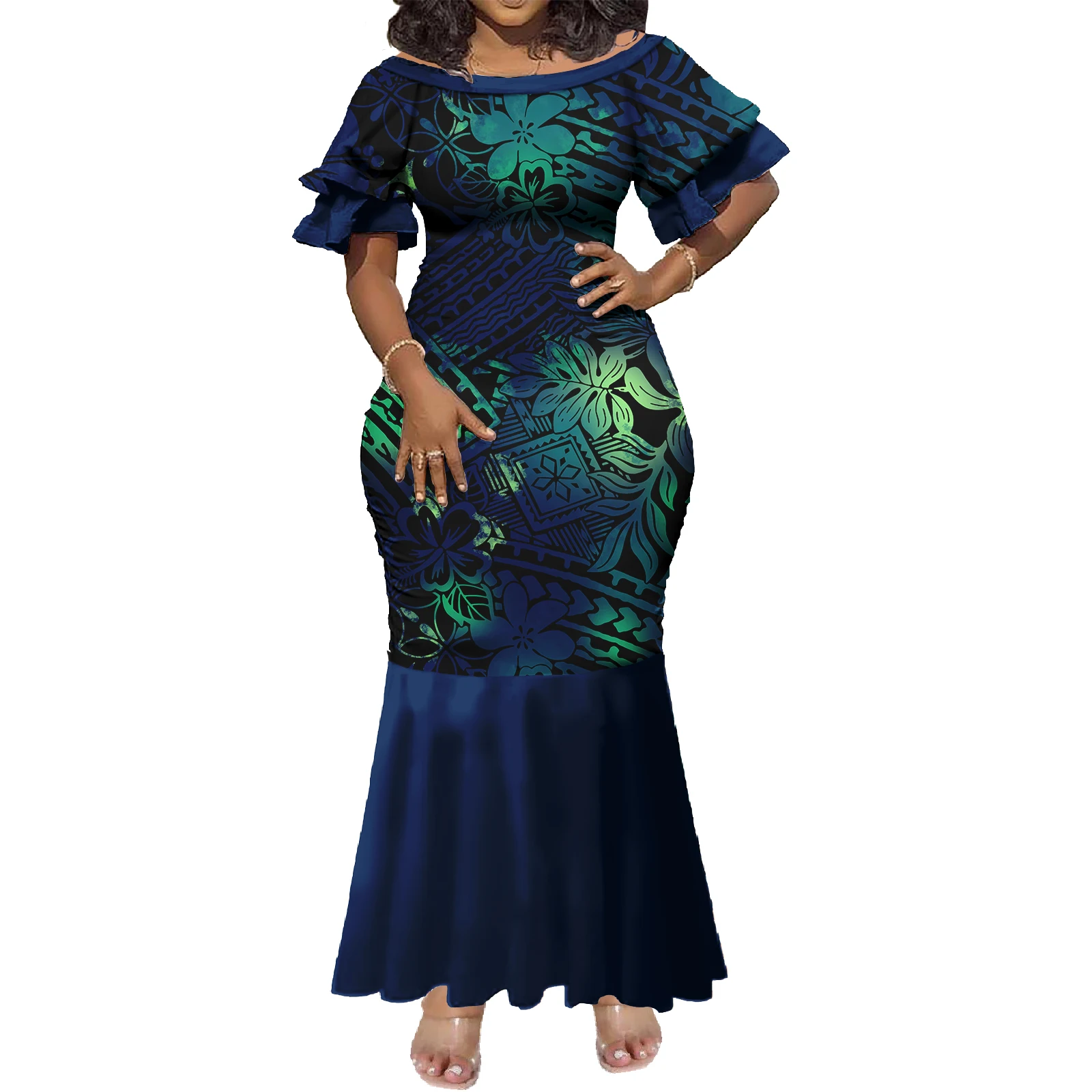 Venta caliente Logotipo personalizado Mangas de doble capa Ropa de vacaciones en la playa Señoras polinesias Ropa hawaiana informal Vestidos tribales samoanos