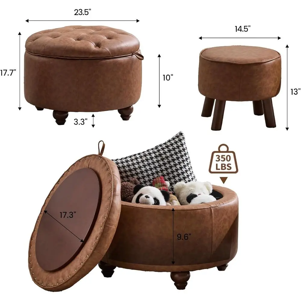 24Inch Round Storage Ottoman, Set of 2, PU Leather Coffee Table with Removable Top, Upholstered Ottoman with Storage Footrest St