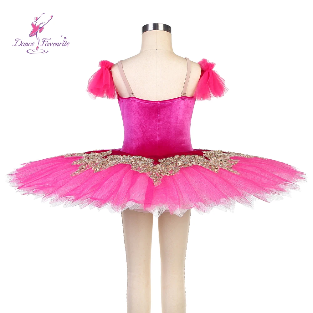 BLL515 Rose Red Vevelt Bodice and Tulle Tutu with Gold Trim Decorated Pre-professional Ballet Tutu Ballet  Dance Tutu