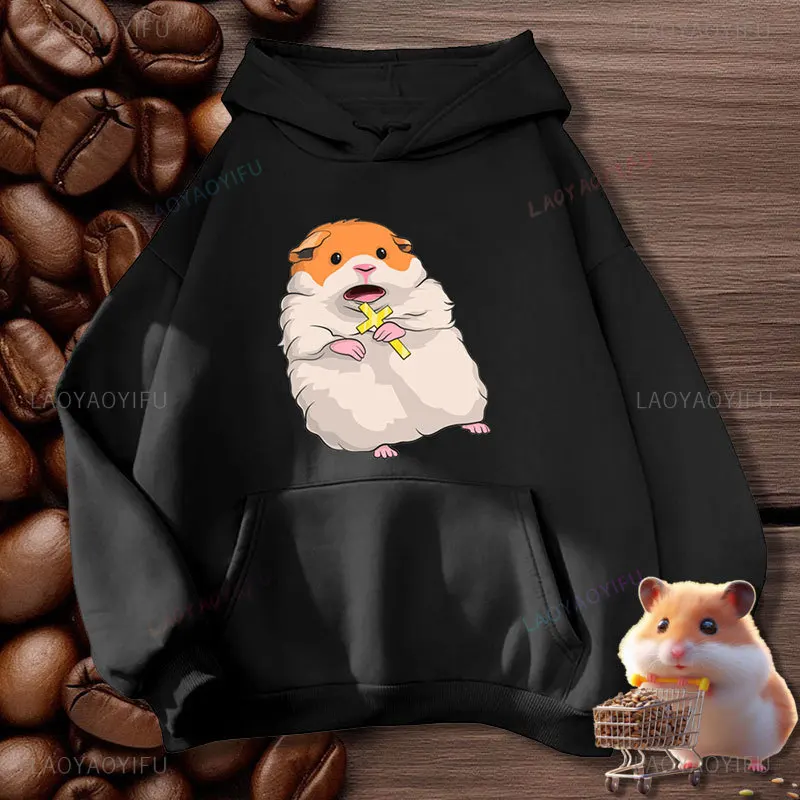 Funny Shrieking Hamster Cartoon Hoodie Woman Man Autumn Winter Drop Shoulder Graphic Sweatshirt Outdoors Warm Long Sleeve