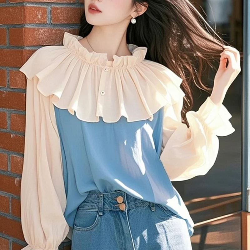 

Шифоновые женские блузки с рюшами, корейские рубашки, модные свободные весенне-летние винтажные одежды, лоскутные женские топы с длинными рукавами