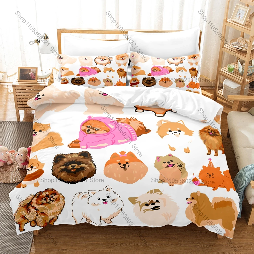 Cartoon Pomeranian Puppy Bedding Set 3 Piece Pet Dog Pattern Duvet Cover Set Single Twin Full Queen King Size Home Decor