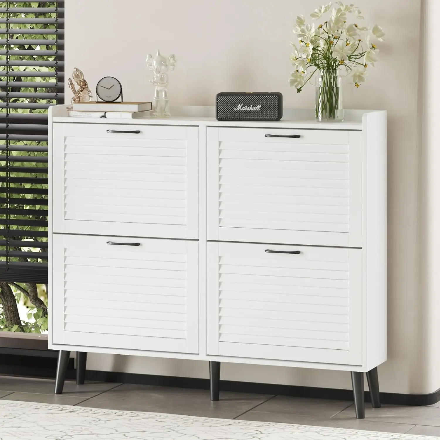 Shoe Storage Cabinet with 4 Flip Louvered Doors, Freestanding Organizer with Metal Hinges ＆ Wooden Legs, Shoe Cabinet