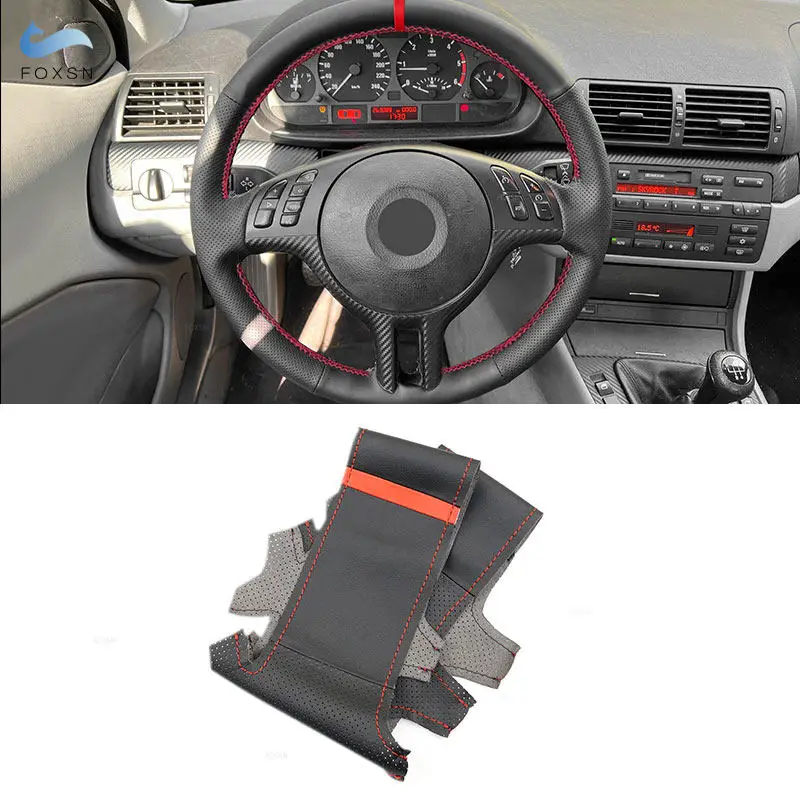 Car Inner Steering Wheel Cover For BMW 3 5 Series E46 2000-2004 E39 X5 E53 Z3 E36 Perforated Leather with Red Threads & Needles