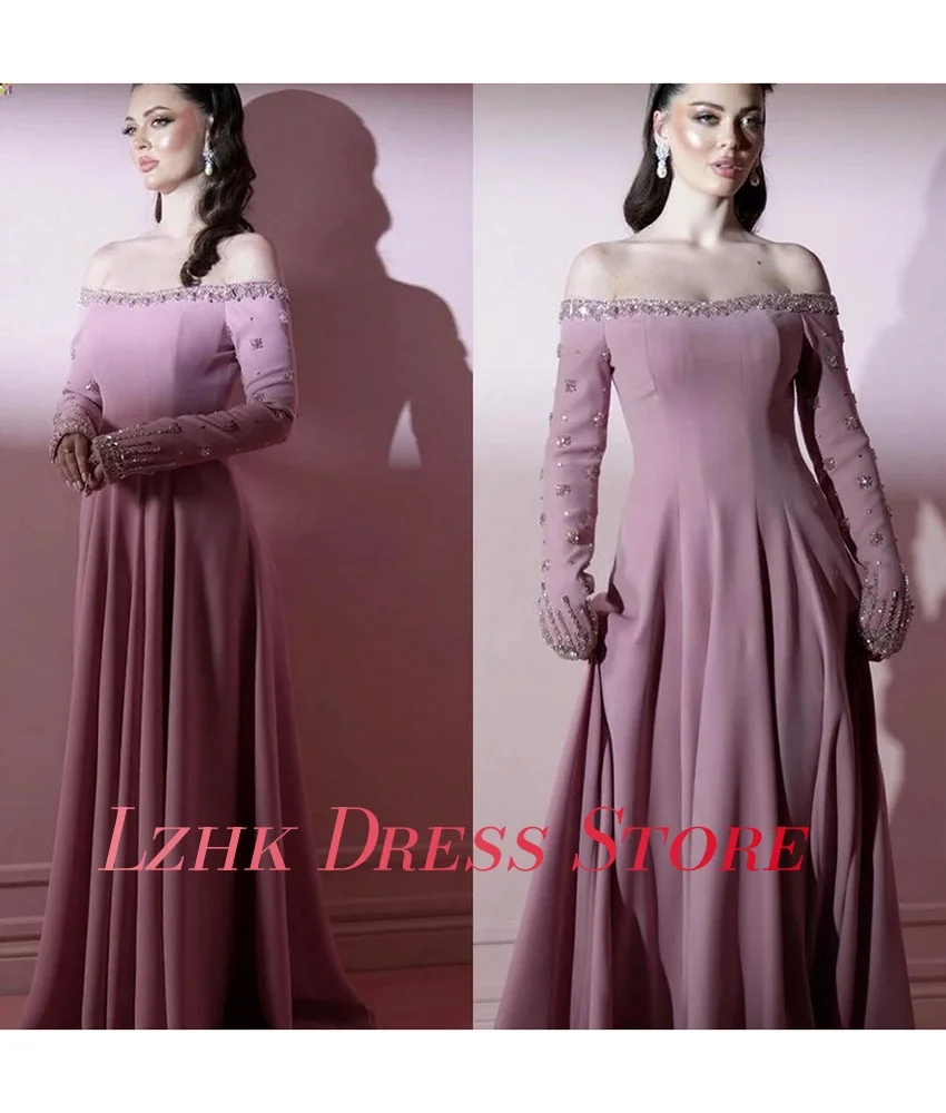 Abito da sera con perline di cristallo con paillettes e spalle scoperte in jersey squisito personalizzato Abiti da ballo sexy a maniche lunghe