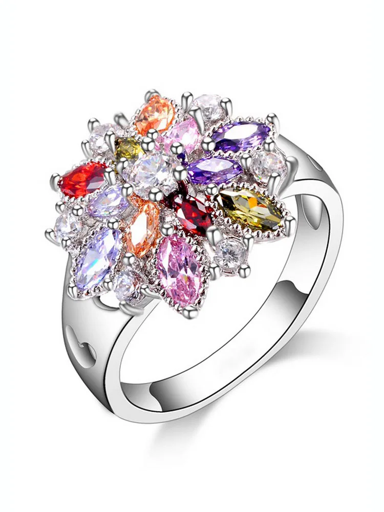 Pierścionek Moda 925 Sterling Silver Kolor Biżuteria Kolorowa cyrkonia Kwiatowy wzór Śliczny styl Kobiety Dziewczyny Impreza Zaręczyny — zdjęcie 2
